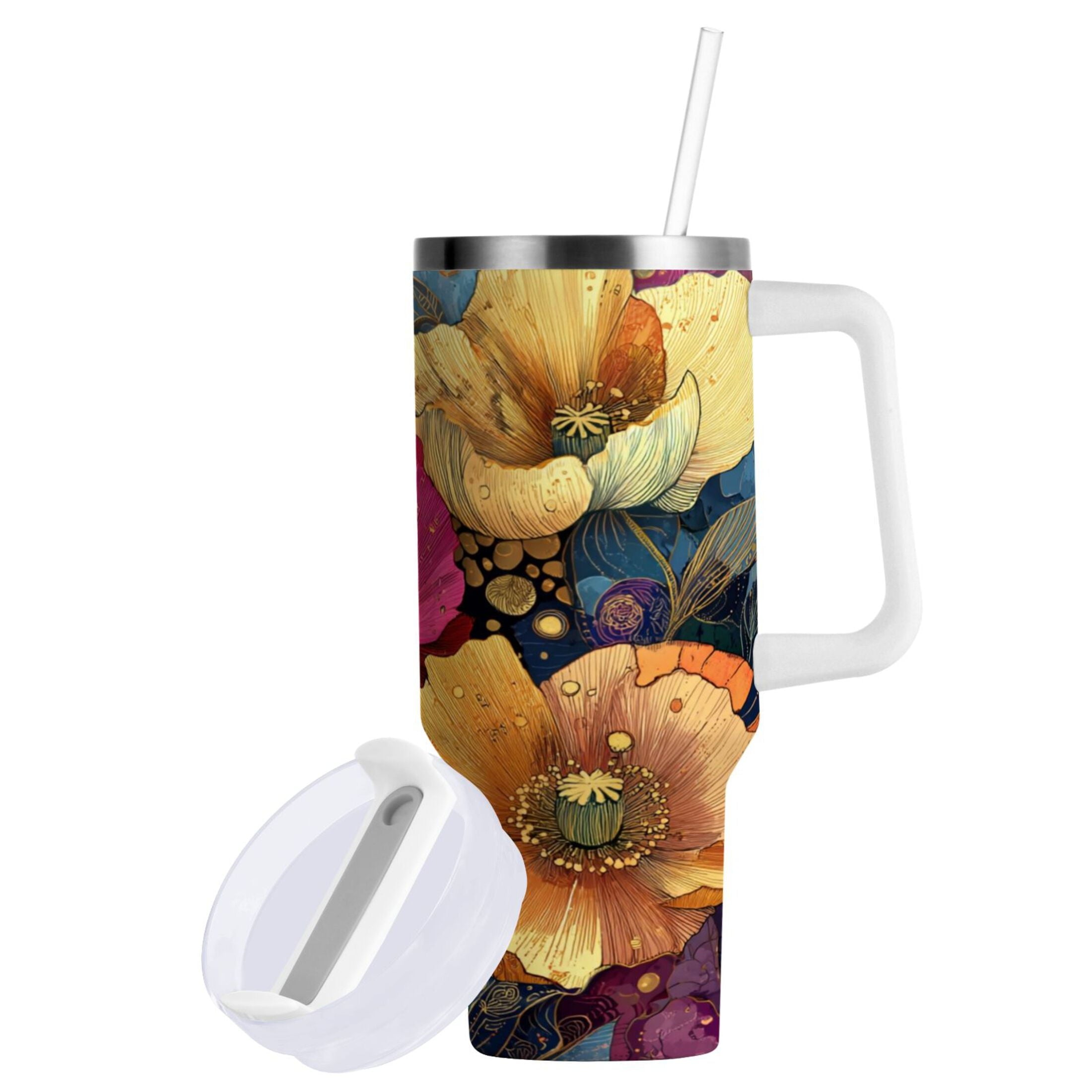 40 oz Insulated Stainless Steel Tumbler Double Wall Stainless Steel Tumbler with 2-Way Drinking Vibrant and Intricate Flowers 1TE8