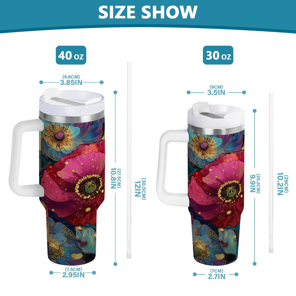40 oz Insulated Stainless Steel Tumbler Double Wall Stainless Steel Tumbler with 2-Way Drinking Vibrant and Intricate Flowers 1TE8
