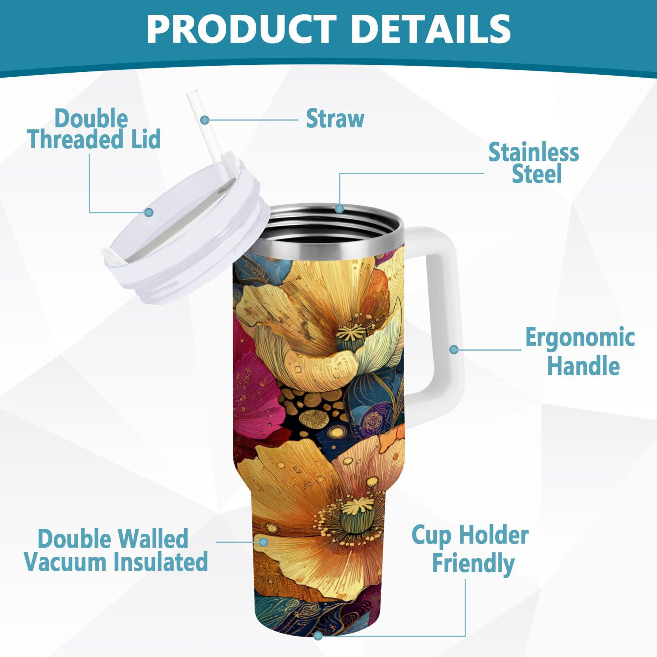 40 oz Insulated Stainless Steel Tumbler Double Wall Stainless Steel Tumbler with 2-Way Drinking Vibrant and Intricate Flowers 1TE8