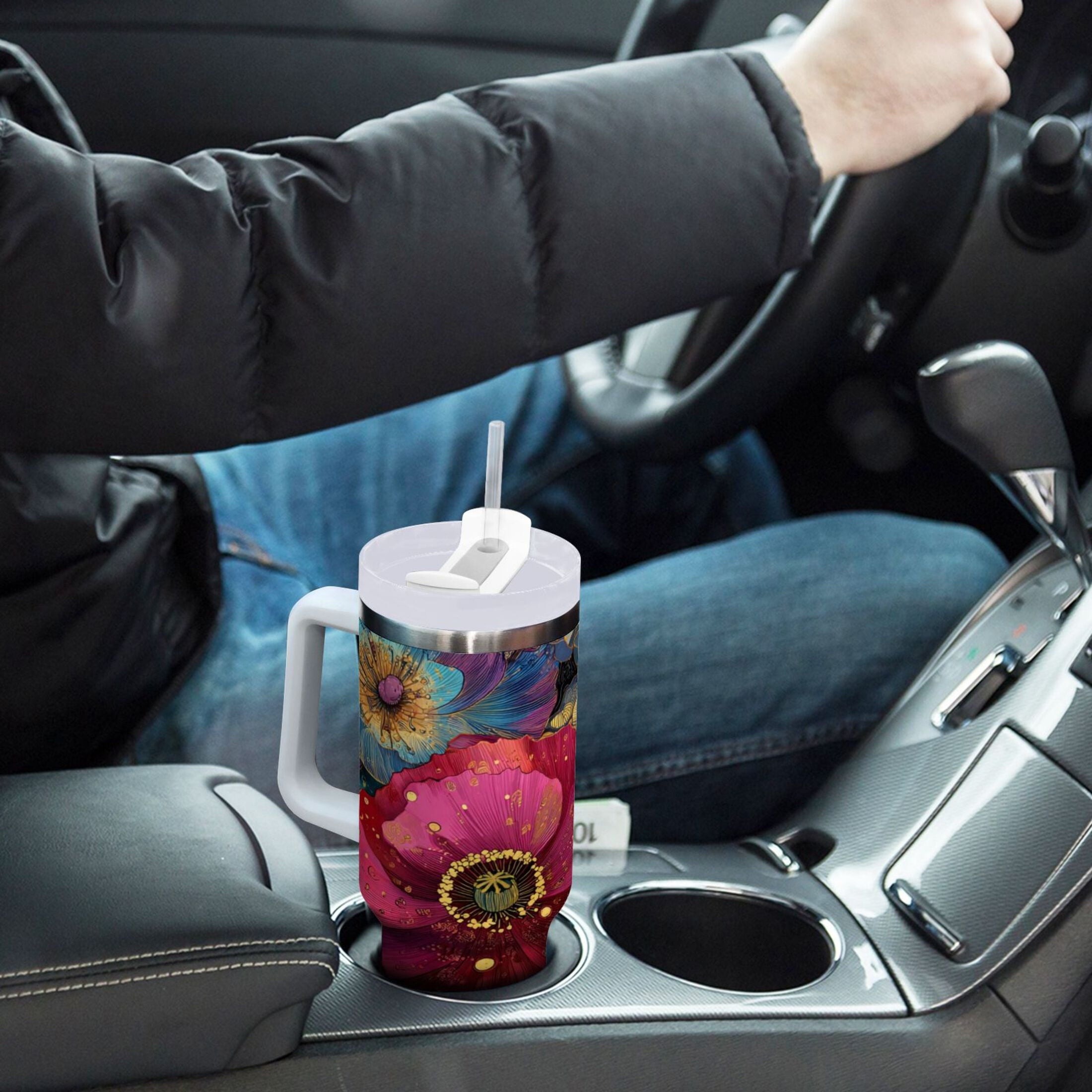 40 oz Insulated Stainless Steel Tumbler Double Wall Stainless Steel Tumbler with 2-Way Drinking Vibrant and Intricate Flowers 1TE8