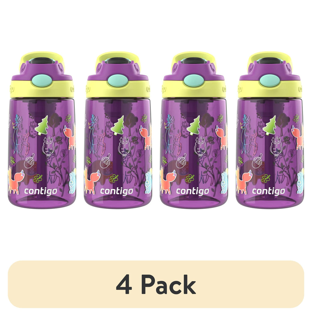 (4 pack) Contigo Kids Water Bottle with Redesigned AUTOSPOUT Straw, 14 oz, Grape Forest Haven V5Q5