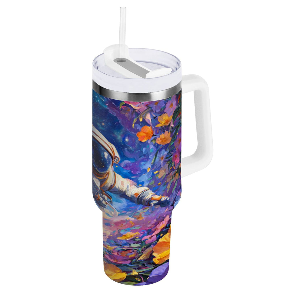 40 oz Insulated Stainless Steel Tumbler Double Wall Stainless Steel Tumbler with 2-Way Drinking Astronaut and Colorful Flowers YQOR