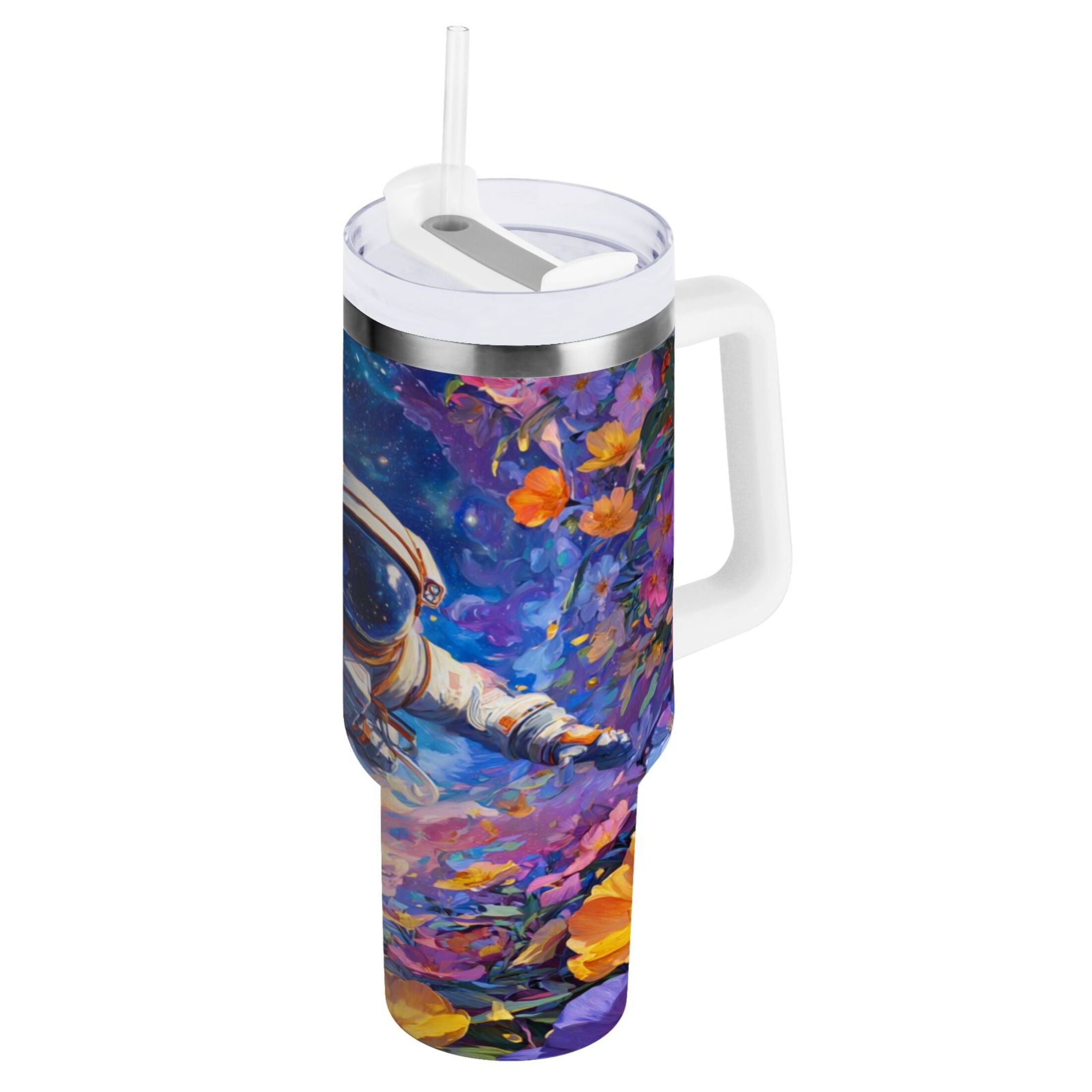 40 oz Insulated Stainless Steel Tumbler Double Wall Stainless Steel Tumbler with 2-Way Drinking Astronaut and Colorful Flowers YQOR