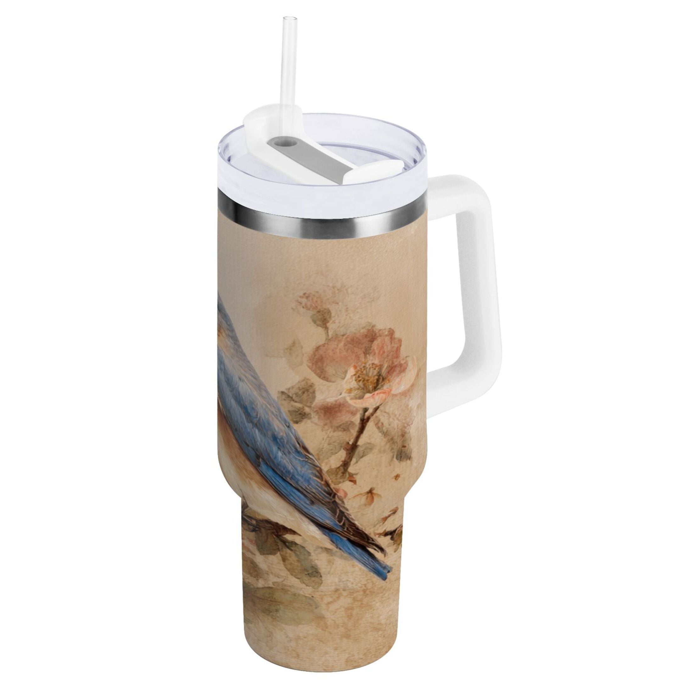 40 oz Insulated Stainless Steel Tumbler Double Wall Stainless Steel Tumbler with 2-Way Drinking Bluebird and Ancient Flowers R84G