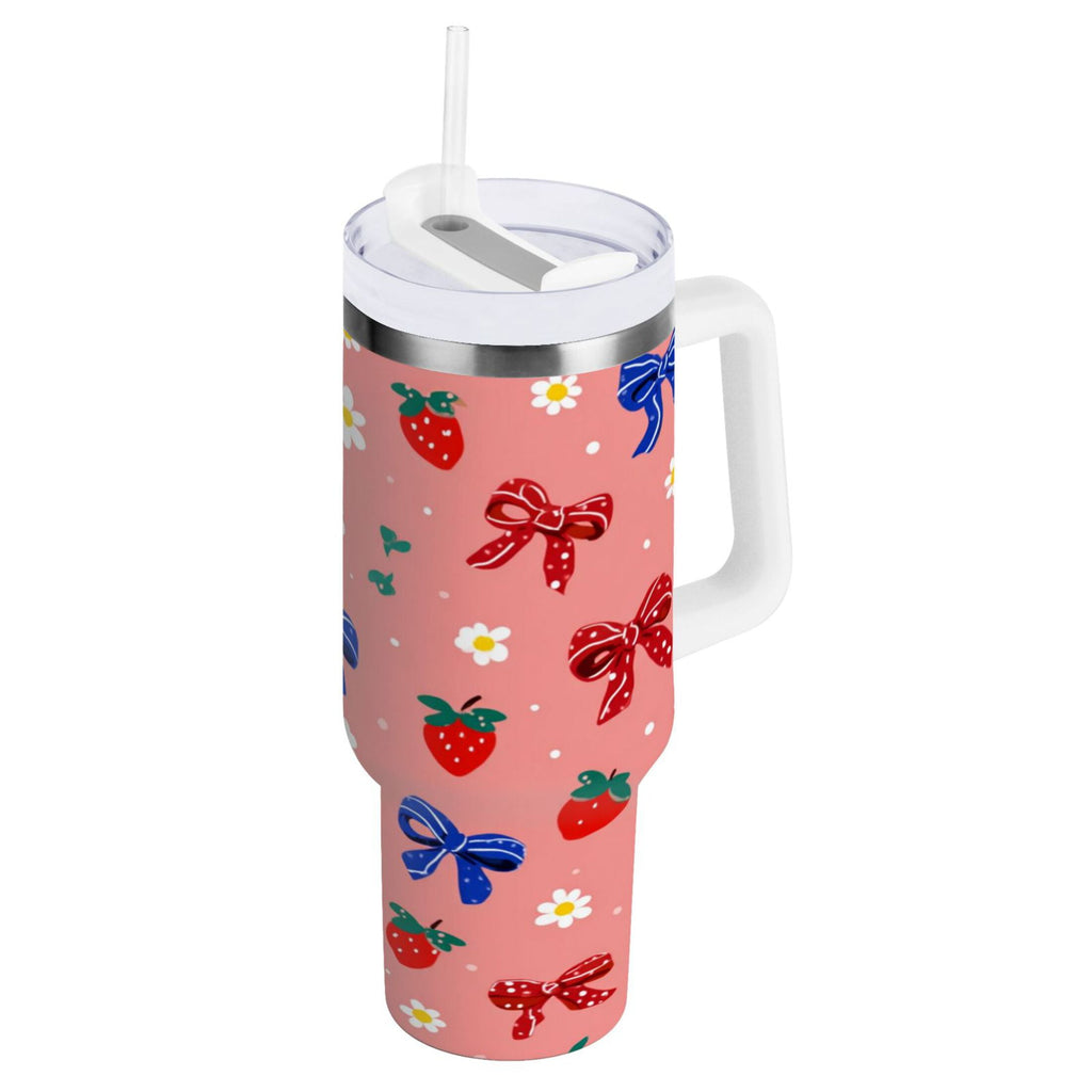 40 oz Insulated Stainless Steel Tumbler Double Wall Stainless Steel Tumbler with 2-Way Drinking Bows and Strawberries Pattern E9AK