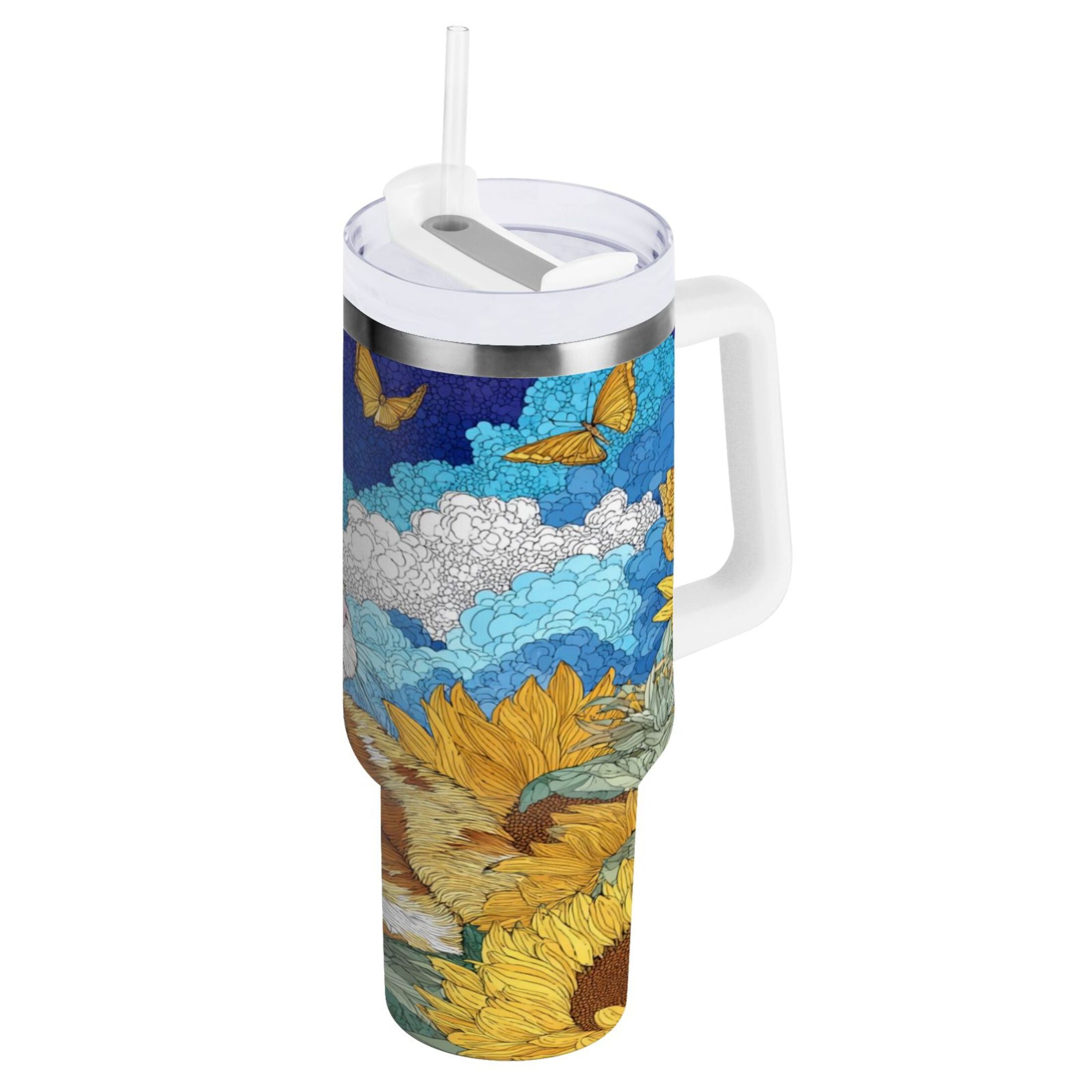 40 oz Insulated Stainless Steel Tumbler Double Wall Stainless Steel Tumbler with 2-Way Drinking Cat Lies in The Sunflowers RTSI