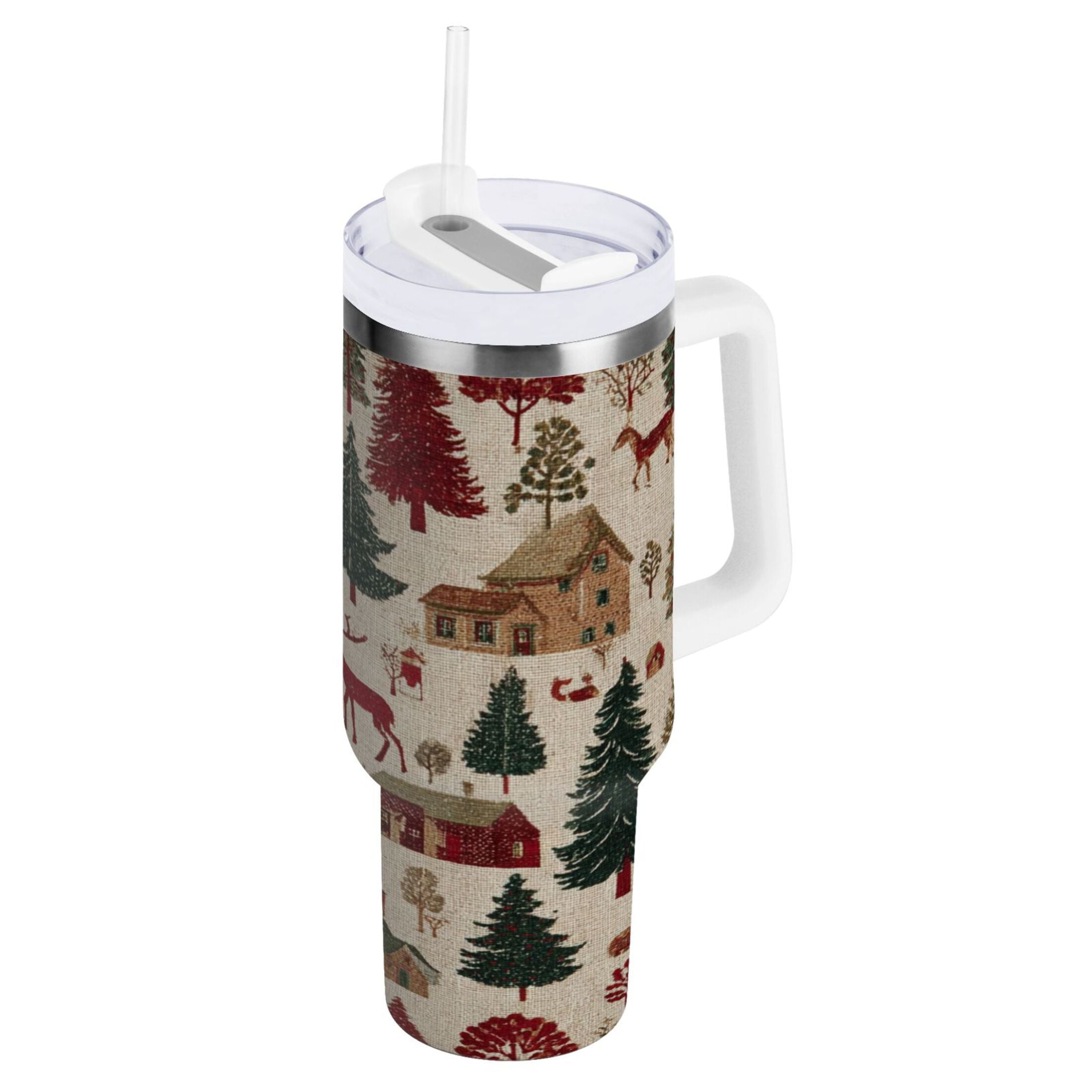 30 oz Insulated Stainless Steel Tumbler Double Wall Stainless Steel Tumbler with 2-Way Drinking Christmas Trees Deer and Houses X0JT