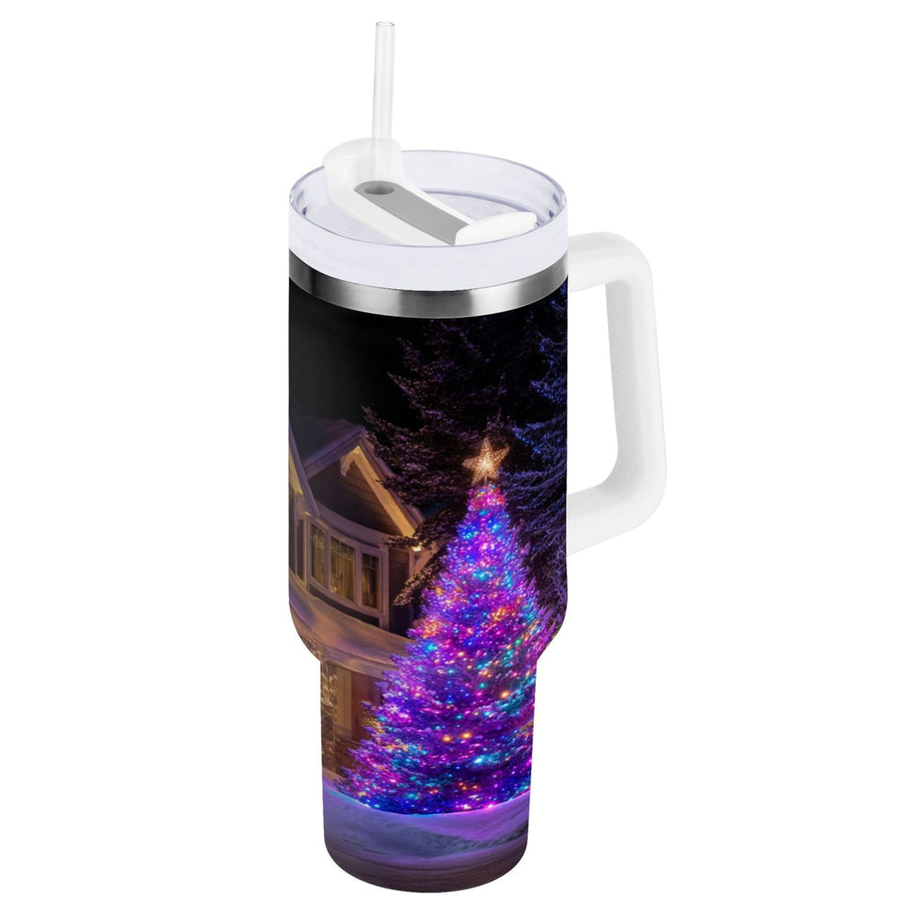 40 oz Insulated Stainless Steel Tumbler Double Wall Stainless Steel Tumbler with 2-Way Drinking Christmas Trees with Lights QEIK