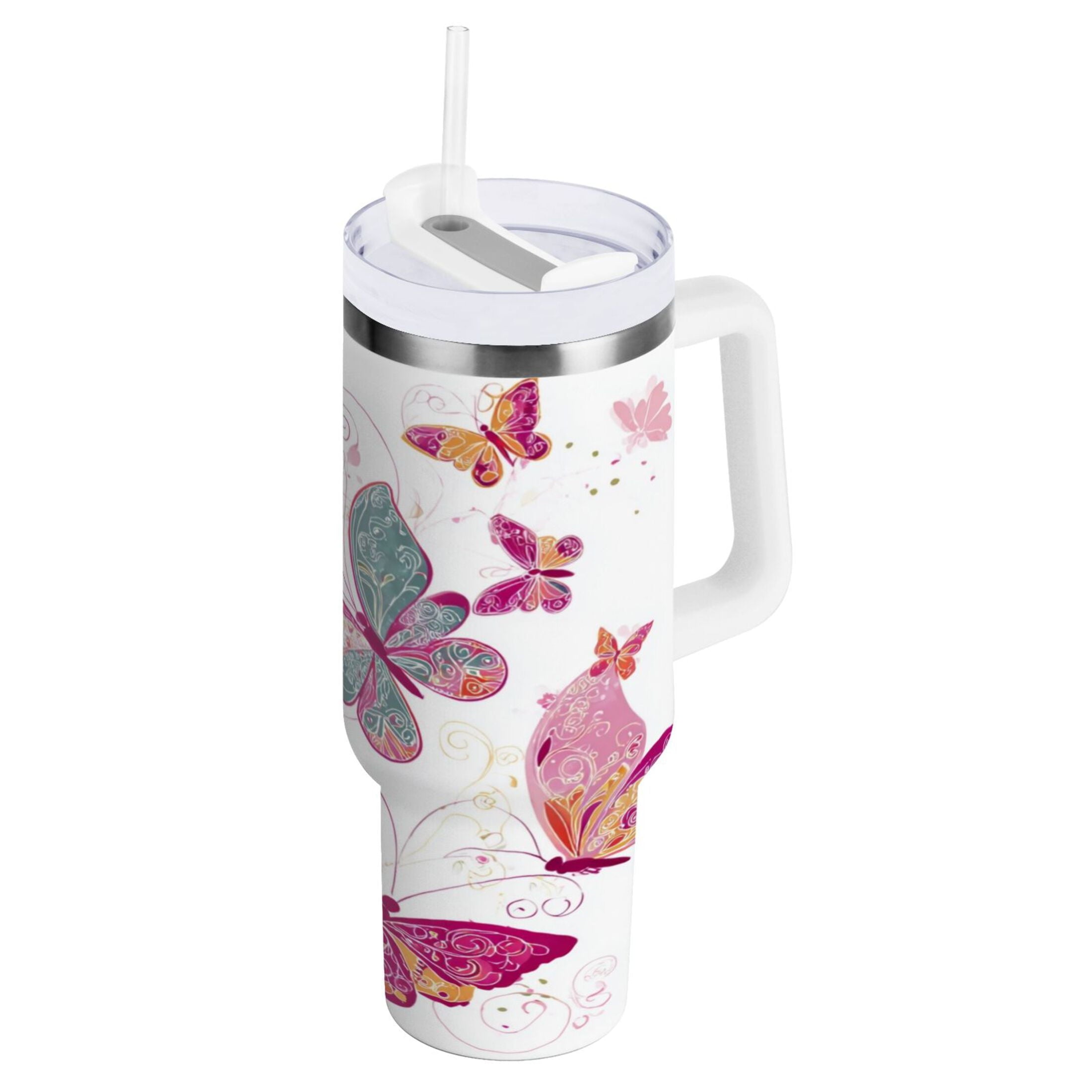 30 oz Insulated Stainless Steel Tumbler Double Wall Stainless Steel Tumbler with 2-Way Drinking Colorful Butterflies NDZF
