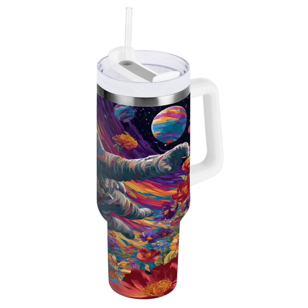 40 oz Insulated Stainless Steel Tumbler Double Wall Stainless Steel Tumbler with 2-Way Drinking Colorful Flowers and Planets 9J5M