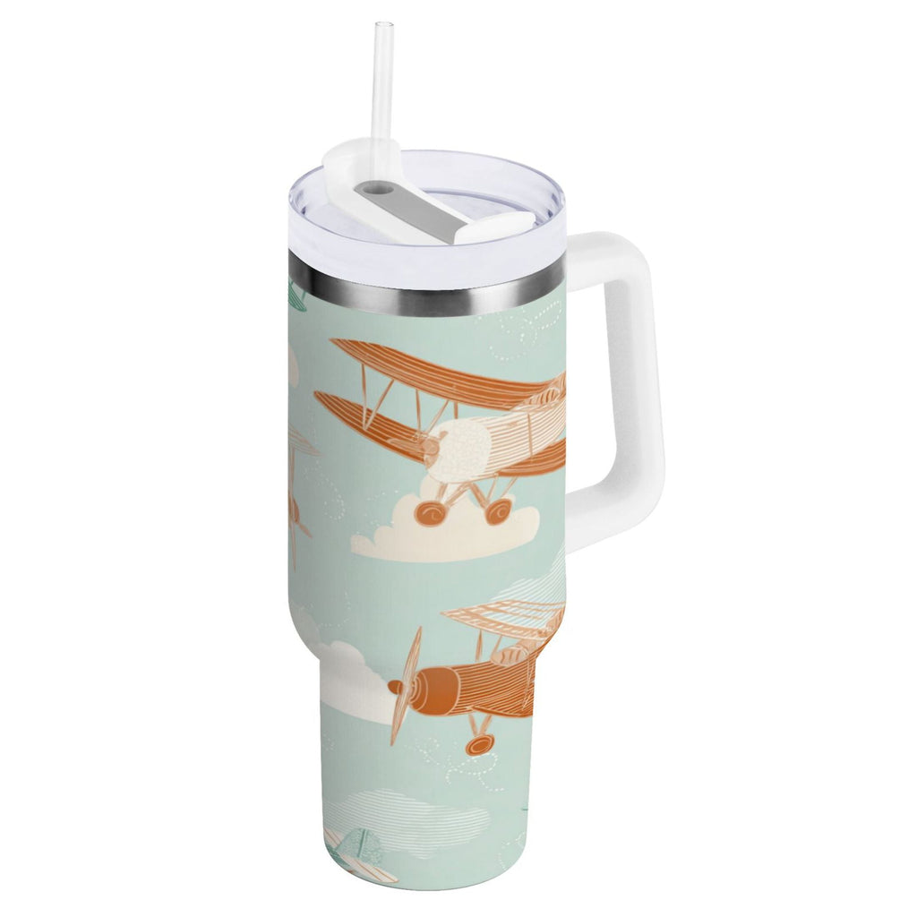 40 oz Insulated Stainless Steel Tumbler Double Wall Stainless Steel Tumbler with 2-Way Drinking Cute Airplanes D95L