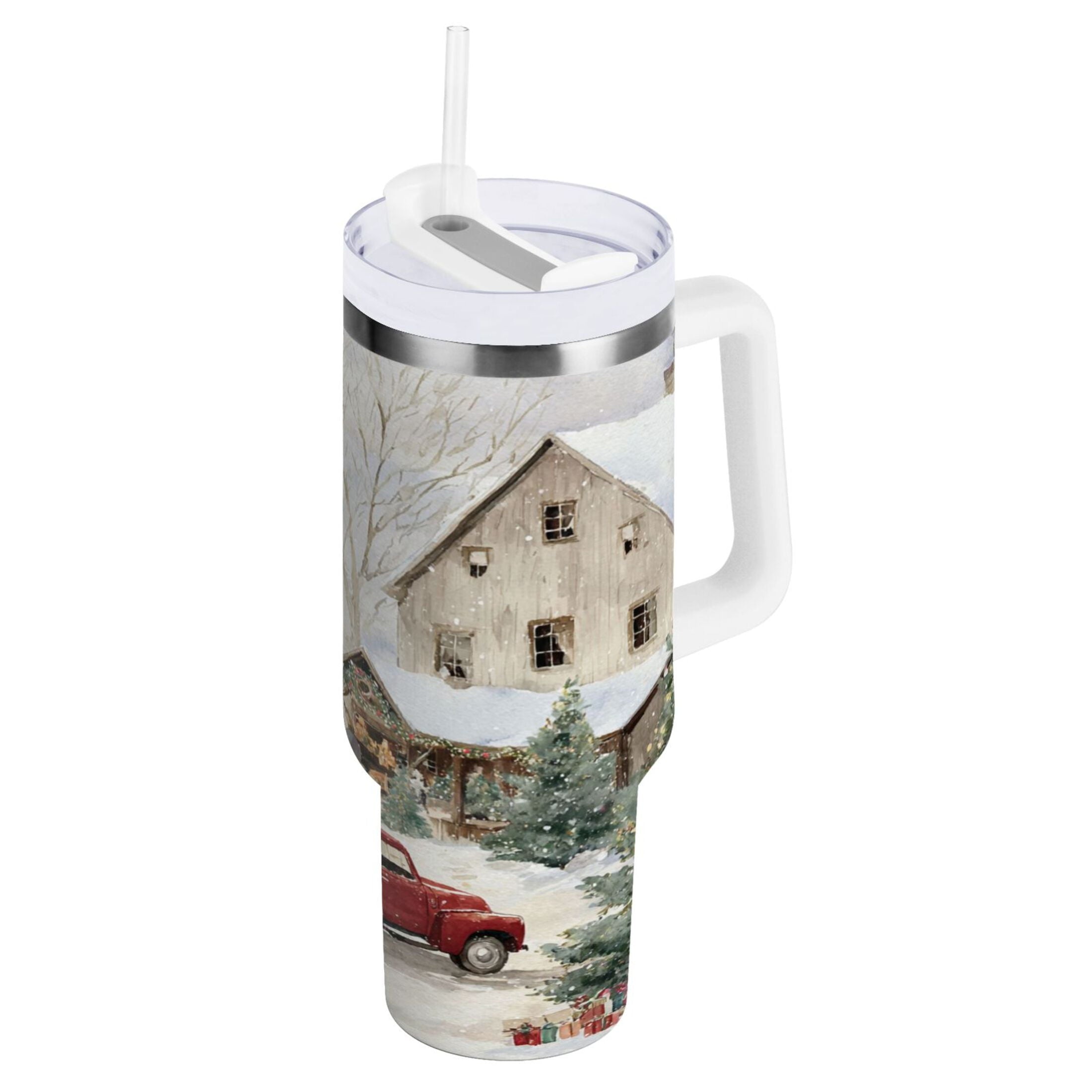40 oz Insulated Stainless Steel Tumbler Double Wall Stainless Steel Tumbler with 2-Way Drinking Farm Snow Scene T8KK