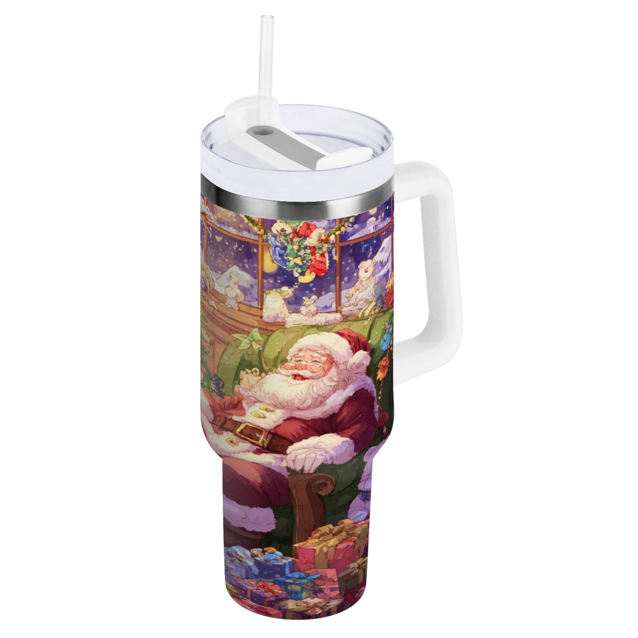 40 oz Insulated Stainless Steel Tumbler Double Wall Stainless Steel Tumbler with 2-Way Drinking Festive Christmas Scene S3AV
