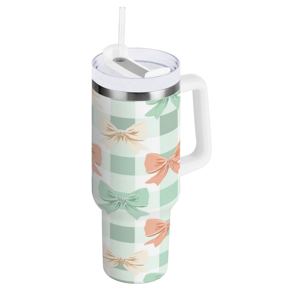 40 oz Insulated Stainless Steel Tumbler Double Wall Stainless Steel Tumbler with 2-Way Drinking Green and Peach Bow Pattern GQJO