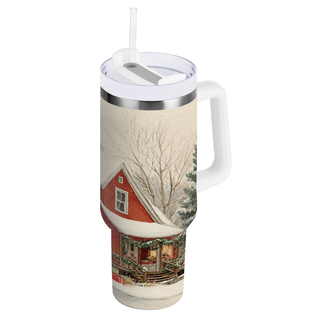 40 oz Insulated Stainless Steel Tumbler Double Wall Stainless Steel Tumbler with 2-Way Drinking House with Snow-covered Roof GCBM
