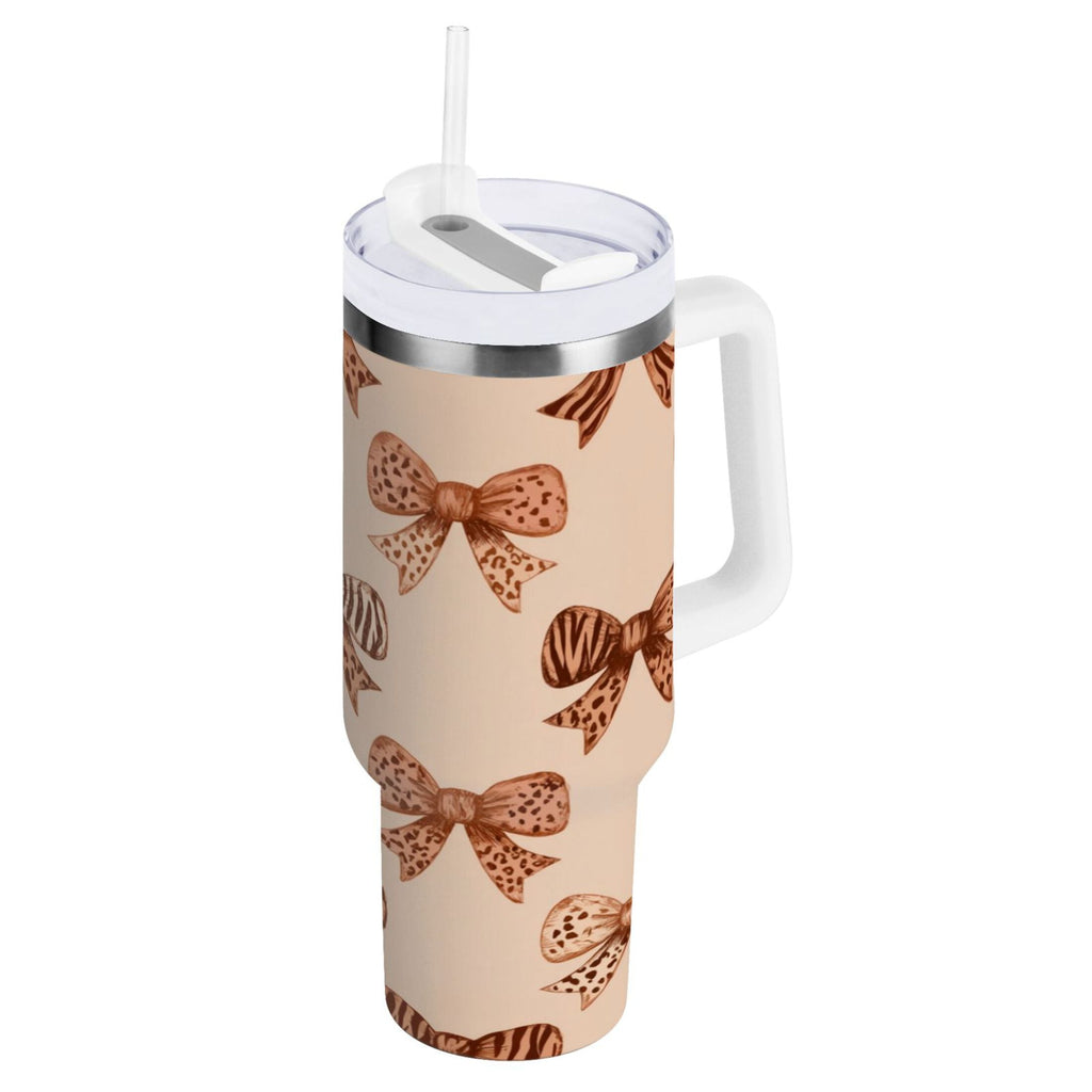 40 oz Insulated Stainless Steel Tumbler Double Wall Stainless Steel Tumbler with 2-Way Drinking Leopard Print Bow 6MEA