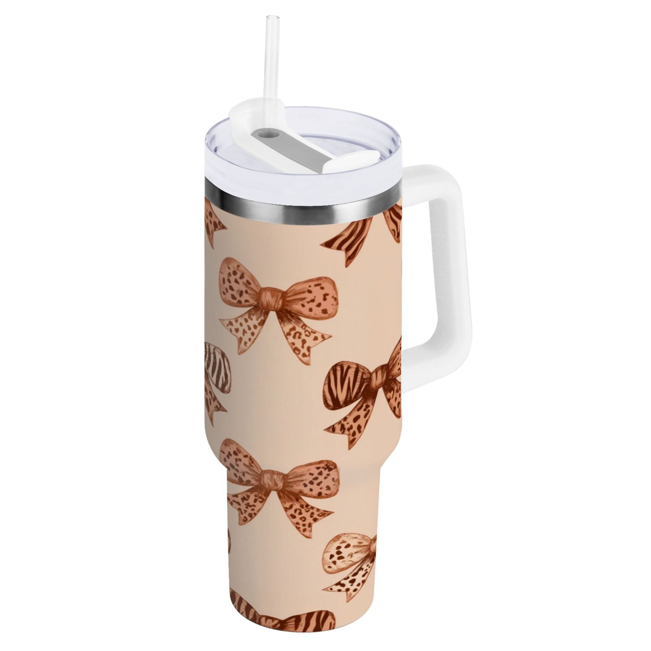 40 oz Insulated Stainless Steel Tumbler Double Wall Stainless Steel Tumbler with 2-Way Drinking Leopard Print Bow 6MEA