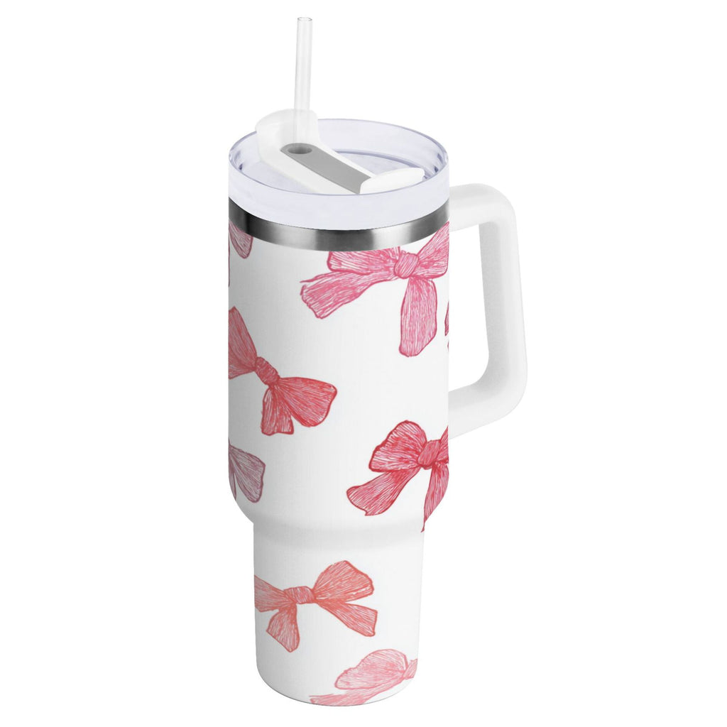 40 oz Insulated Stainless Steel Tumbler Double Wall Stainless Steel Tumbler with 2-Way Drinking Pink Bows Pattern ZVTD