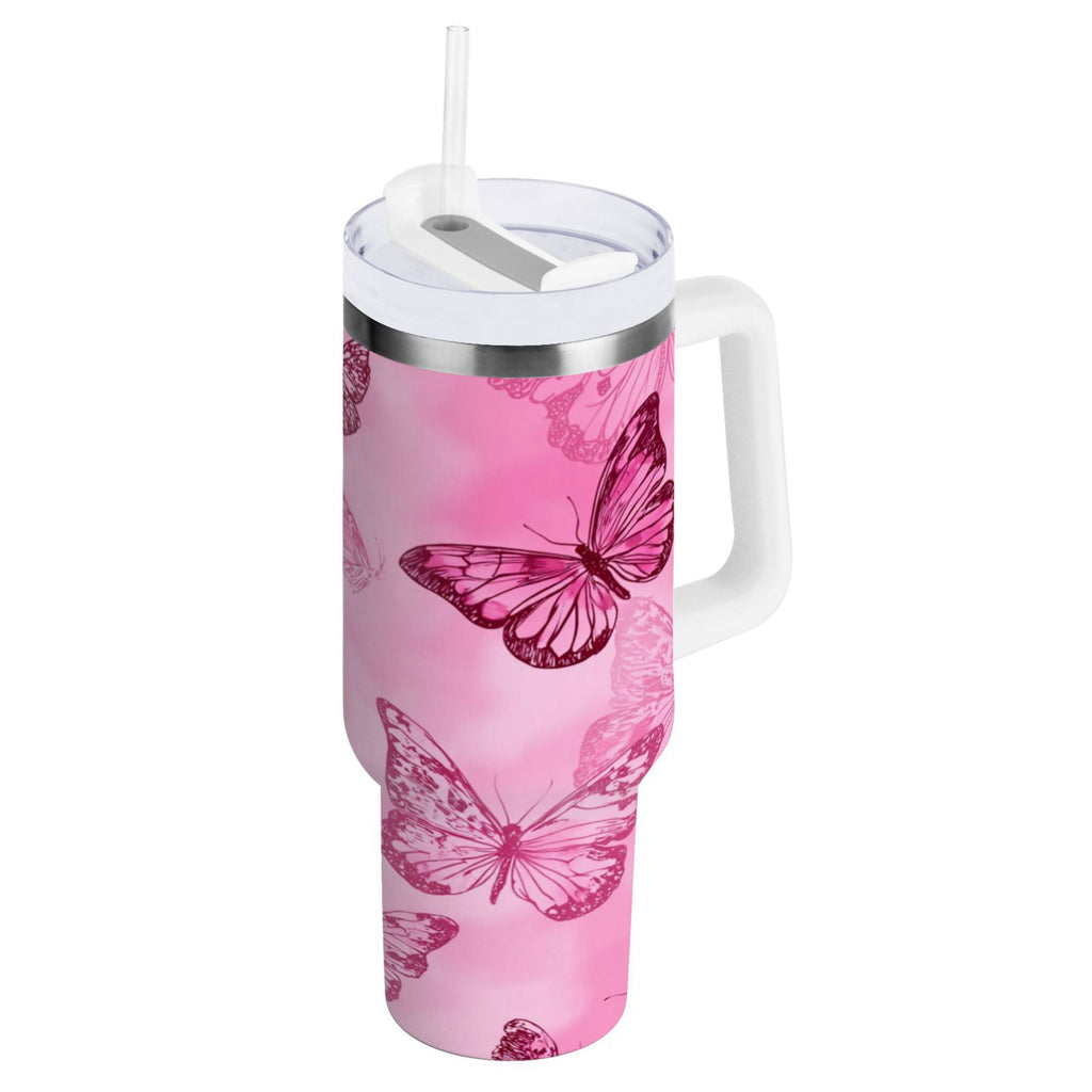 40 oz Insulated Stainless Steel Tumbler Double Wall Stainless Steel Tumbler with 2-Way Drinking Pink Butterfly Pattern SLZ4