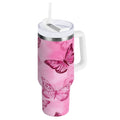 40 oz Insulated Stainless Steel Tumbler Double Wall Stainless Steel Tumbler with 2-Way Drinking Pink Butterfly Pattern SLZ4