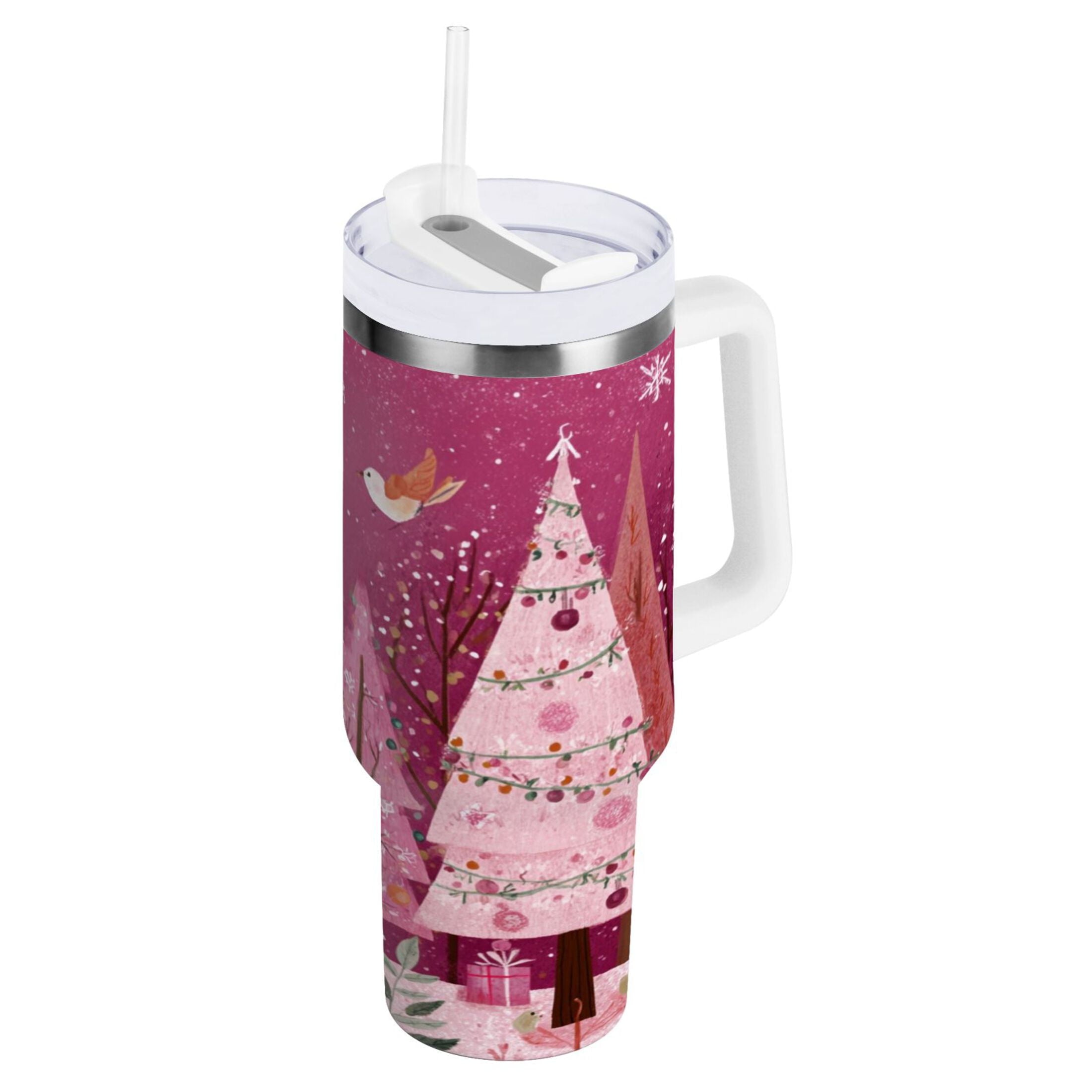 40 oz Insulated Stainless Steel Tumbler Double Wall Stainless Steel Tumbler with 2-Way Drinking Pink Christmas Forest K92E