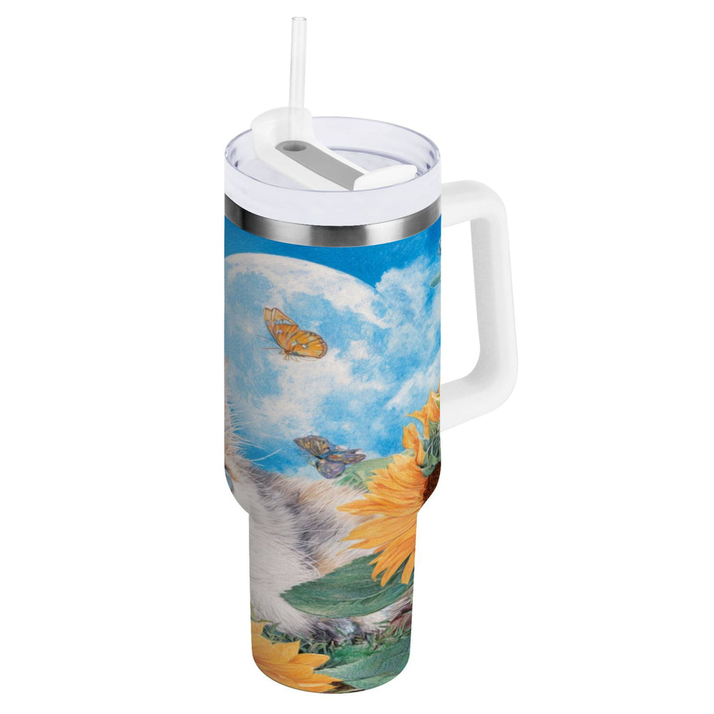 40 oz Insulated Stainless Steel Tumbler Double Wall Stainless Steel Tumbler with 2-Way Drinking Playful Cat Lying Sunflowers X733