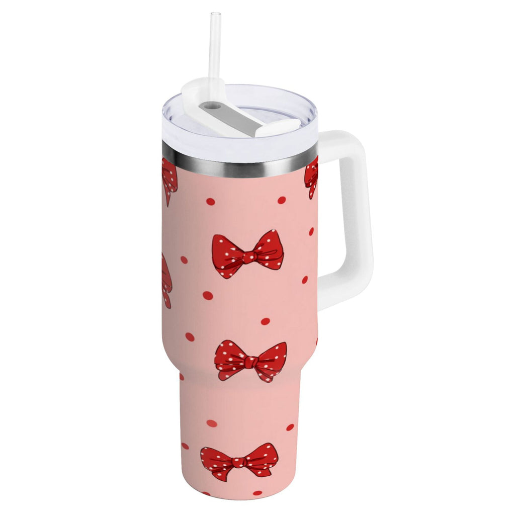 40 oz Insulated Stainless Steel Tumbler Double Wall Stainless Steel Tumbler with 2-Way Drinking Red Bows and Polka Dots MJAG