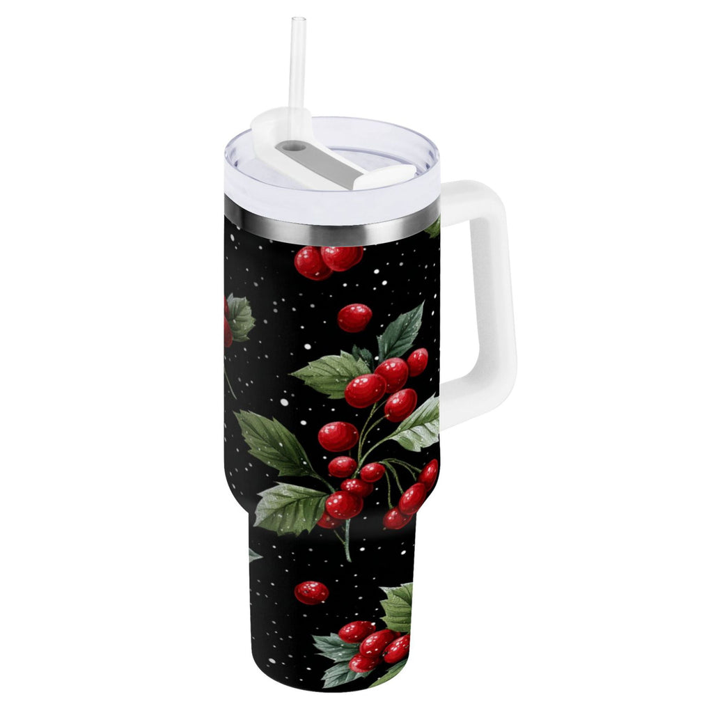 40 oz Insulated Stainless Steel Tumbler Double Wall Stainless Steel Tumbler with 2-Way Drinking Red Holly Berries Pattern JL9Z