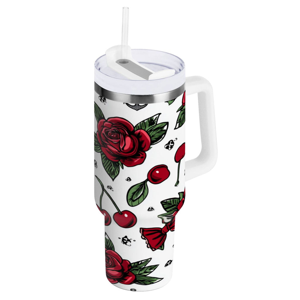 40 oz Insulated Stainless Steel Tumbler Double Wall Stainless Steel Tumbler with 2-Way Drinking Red Roses and Cherries MT7F