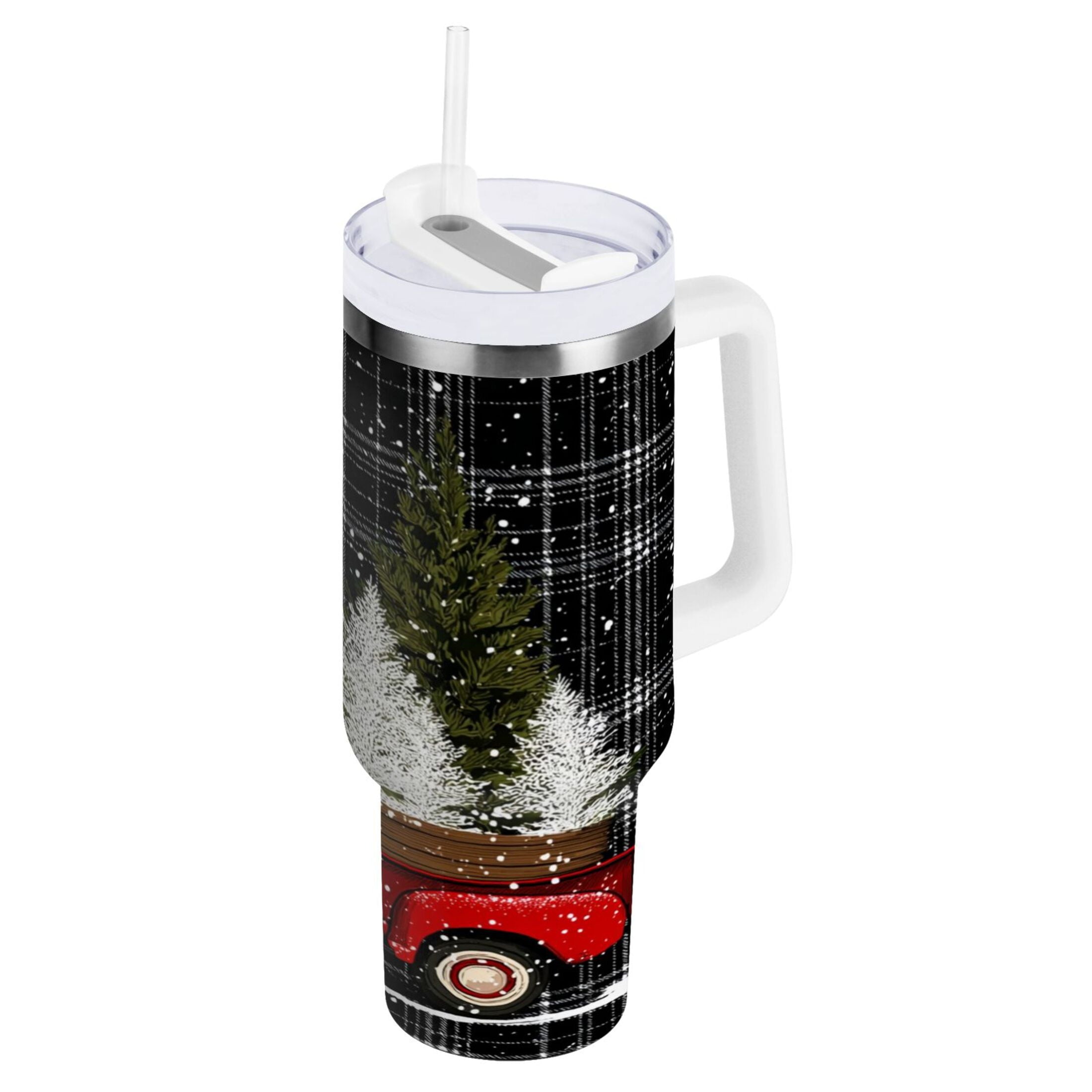 40 oz Insulated Stainless Steel Tumbler Double Wall Stainless Steel Tumbler with 2-Way Drinking Red Truck with Christmas Tree VV28