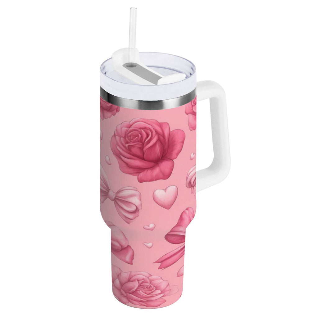 40 oz Insulated Stainless Steel Tumbler Double Wall Stainless Steel Tumbler with 2-Way Drinking Roses and Bows Pattern 678S