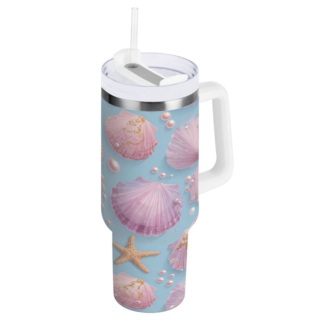 40 oz Insulated Stainless Steel Tumbler Double Wall Stainless Steel Tumbler with 2-Way Drinking Seashells and Pearls Pattern I05D