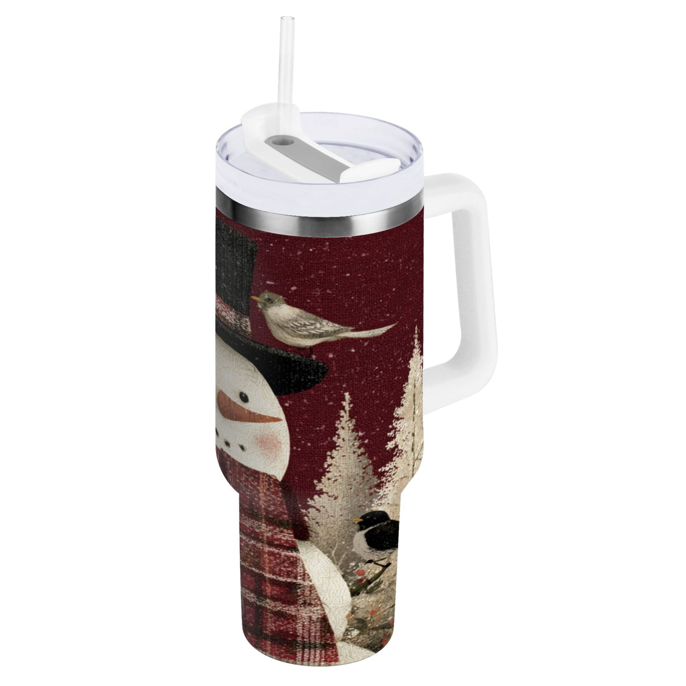 30 oz Insulated Stainless Steel Tumbler Double Wall Stainless Steel Tumbler with 2-Way Drinking Snowman and Birds FFWS