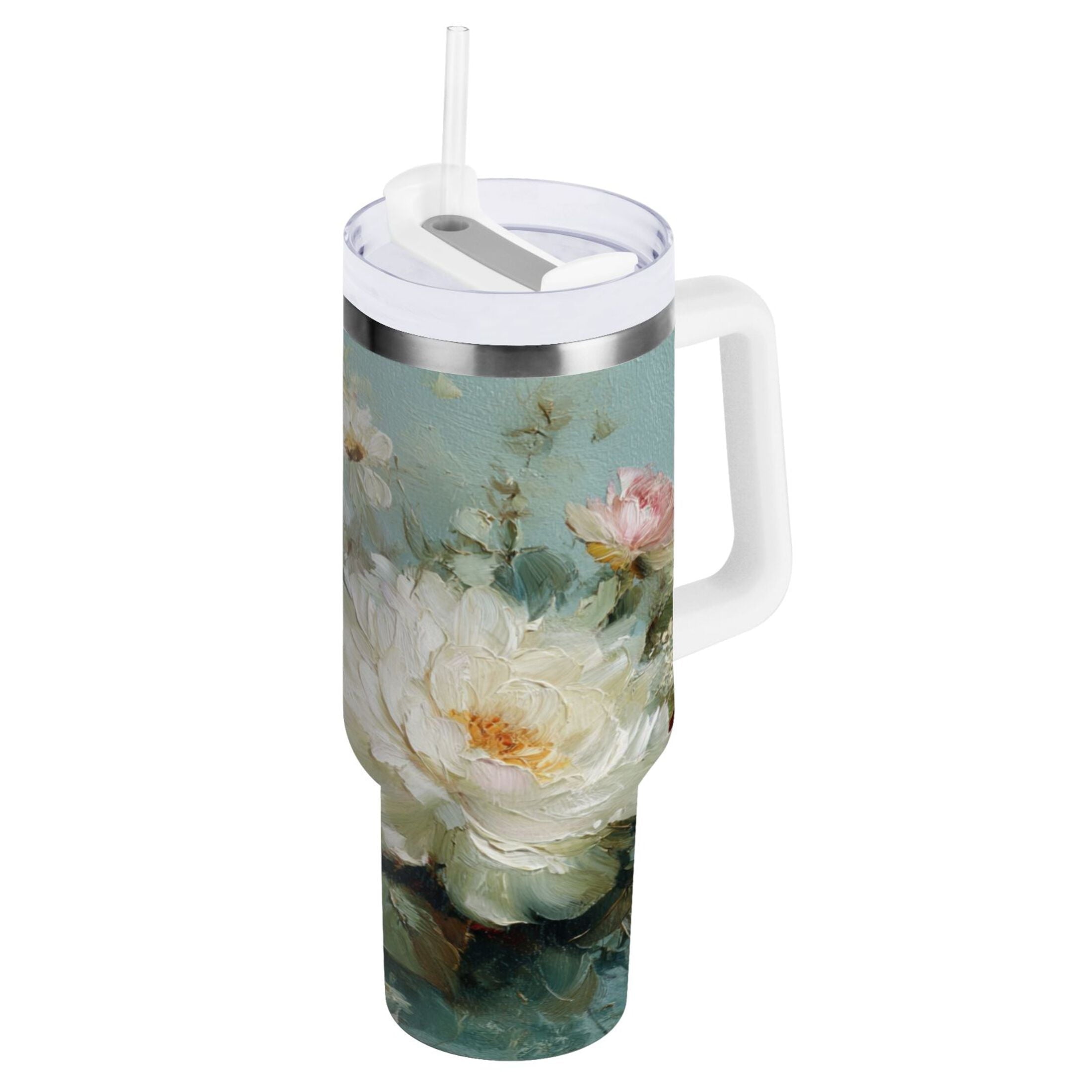 40 oz Insulated Stainless Steel Tumbler Double Wall Stainless Steel Tumbler with 2-Way Drinking Vintage Peonies and Daisies WT8H