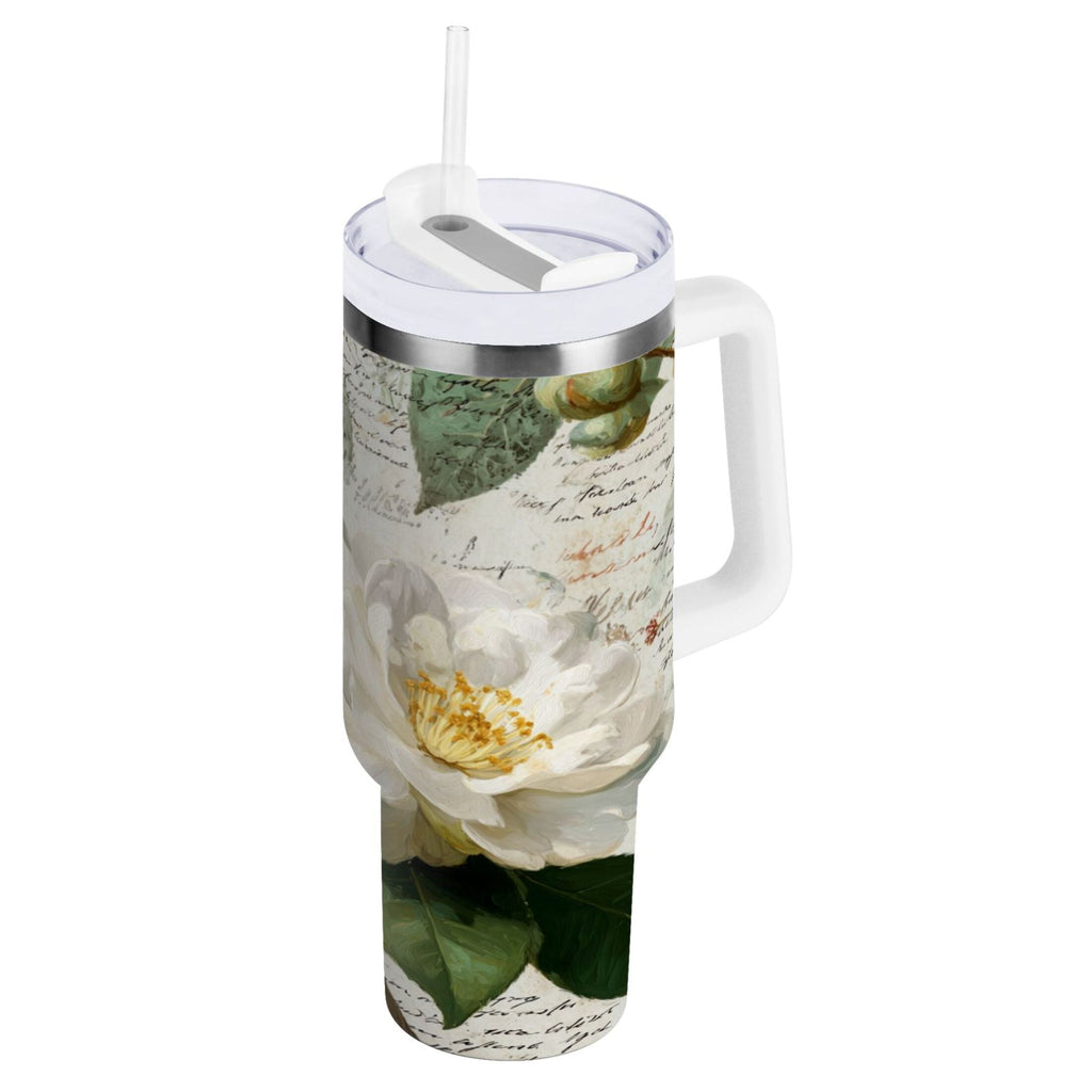 40 oz Insulated Stainless Steel Tumbler Double Wall Stainless Steel Tumbler with 2-Way Drinking Vintage White Camellias AJEN