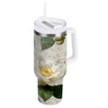 40 oz Insulated Stainless Steel Tumbler Double Wall Stainless Steel Tumbler with 2-Way Drinking Vintage White Camellias AJEN