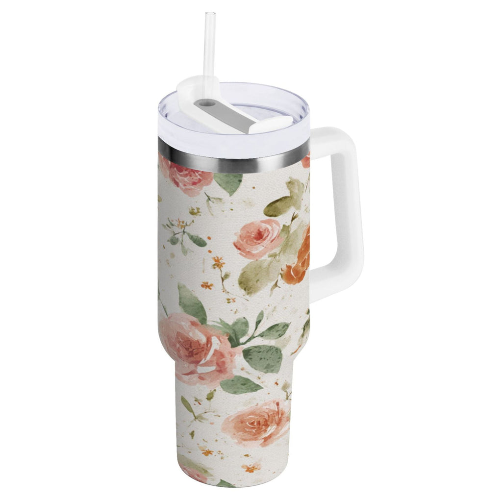 40 oz Insulated Stainless Steel Tumbler Double Wall Stainless Steel Tumbler with 2-Way Drinking Watercolor Rose Floral Pattern 48QI