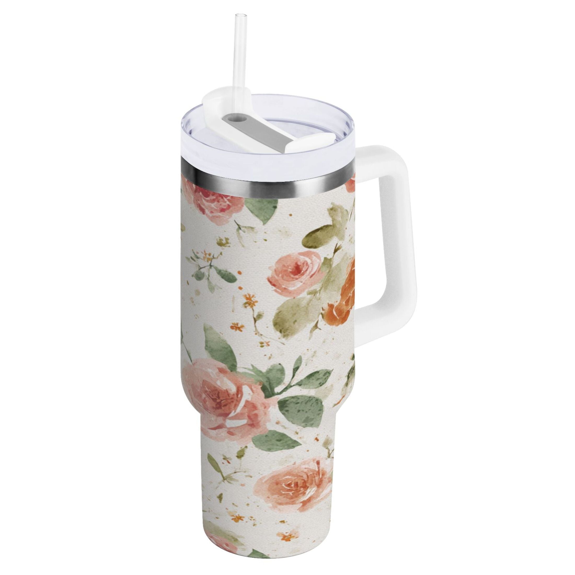 40 oz Insulated Stainless Steel Tumbler Double Wall Stainless Steel Tumbler with 2-Way Drinking Watercolor Rose Floral Pattern 48QI