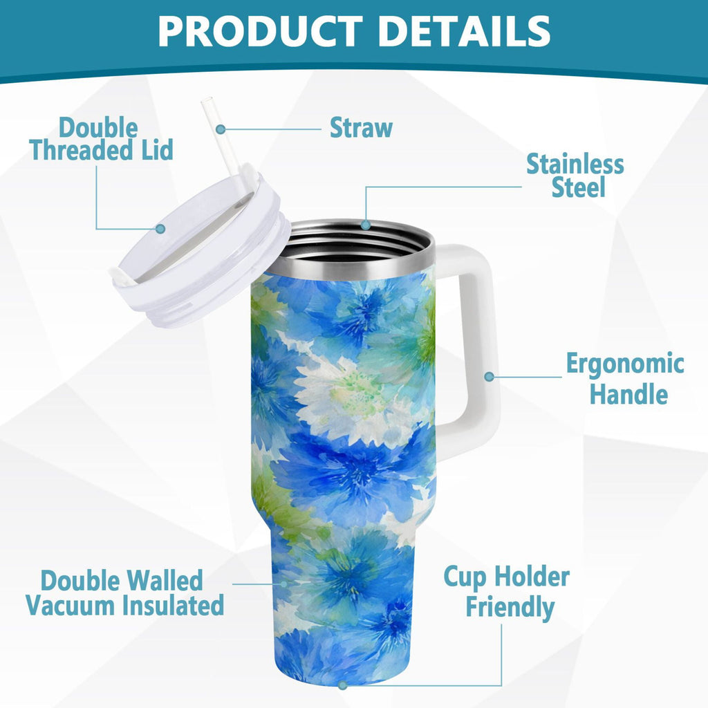 40 oz Insulated Stainless Steel Tumbler Double Wall Stainless Steel Tumbler with 2-Way Drinking Watercolor Blue Cornflowers T6OD