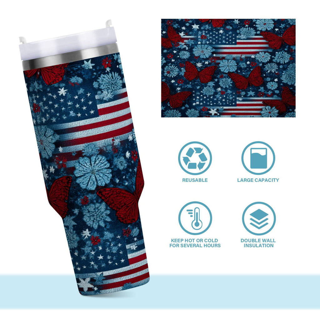 30 oz Insulated Stainless Steel Tumbler Double Wall Stainless Steel Tumbler with 2-Way Drinking Red Butterflies and Flags YLXE