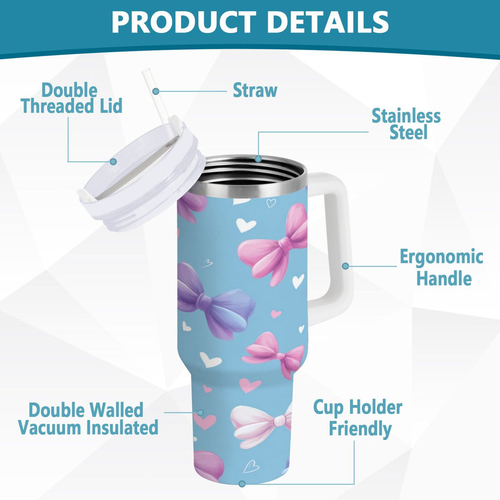 30 oz Insulated Stainless Steel Tumbler Double Wall Stainless Steel Tumbler with 2-Way Drinking Pink and Purple Bows 2NBM