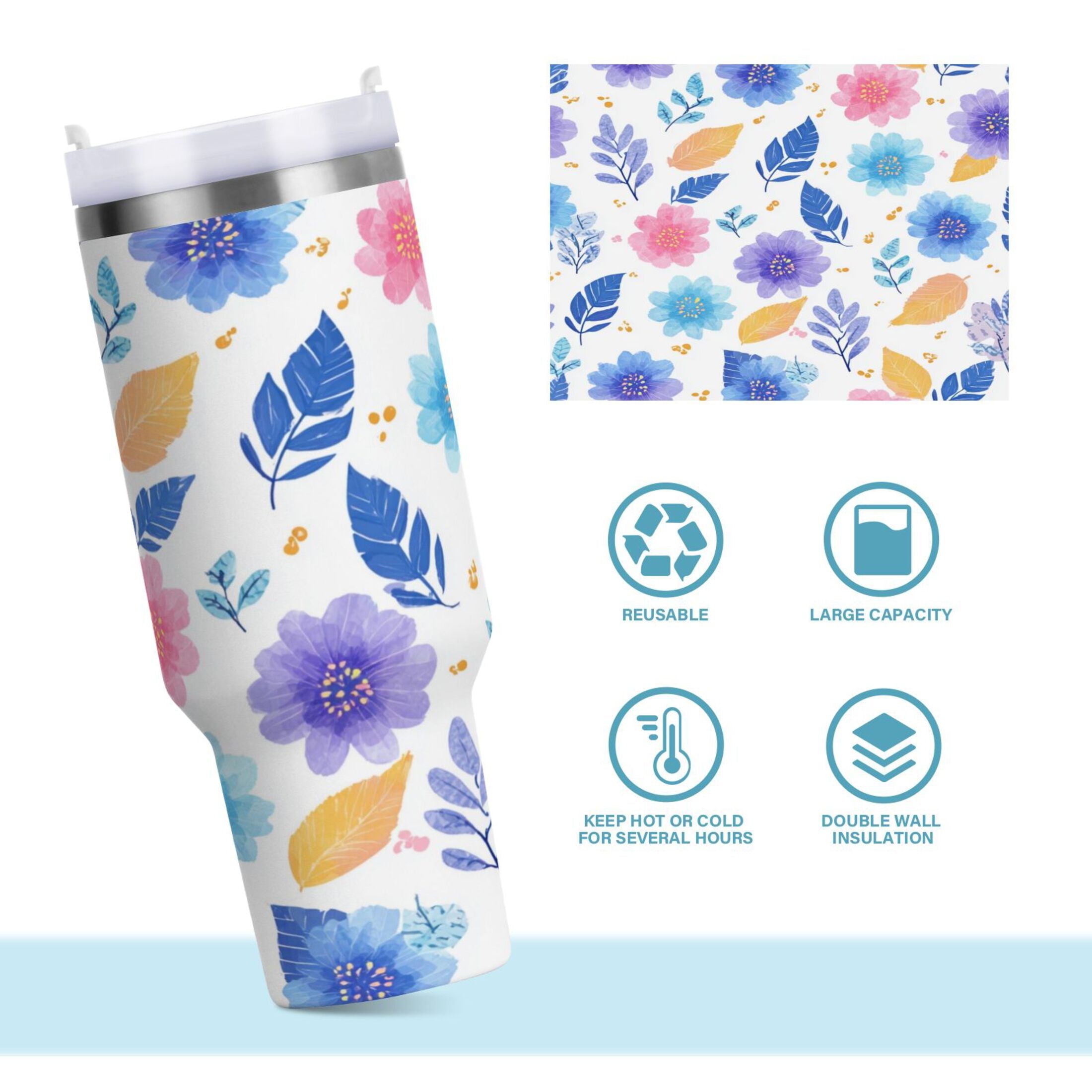30 oz Insulated Stainless Steel Tumbler Double Wall Stainless Steel Tumbler with 2-Way Drinking Blue and Purple Flowers PV51