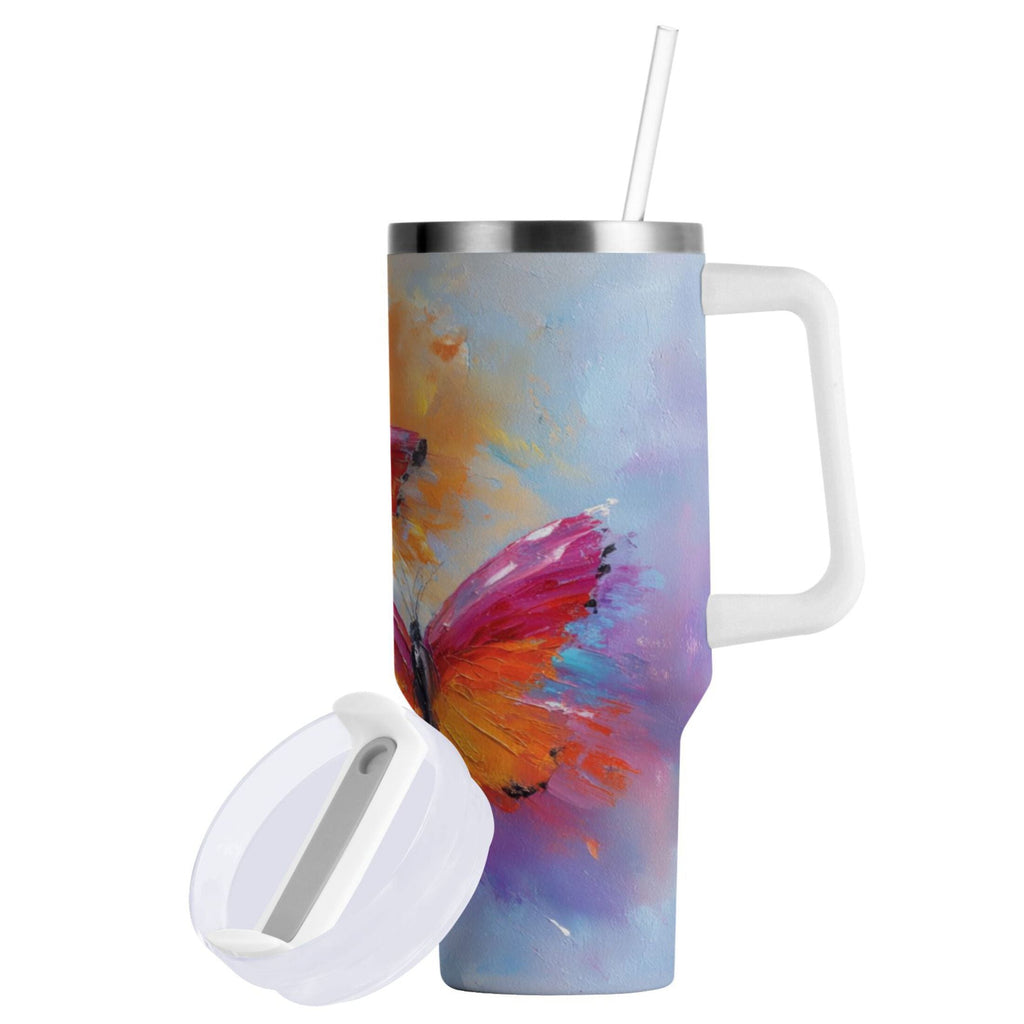 30 oz Insulated Stainless Steel Tumbler Double Wall Stainless Steel Tumbler with 2-Way Drinking Red and Orange Butterflies VE48