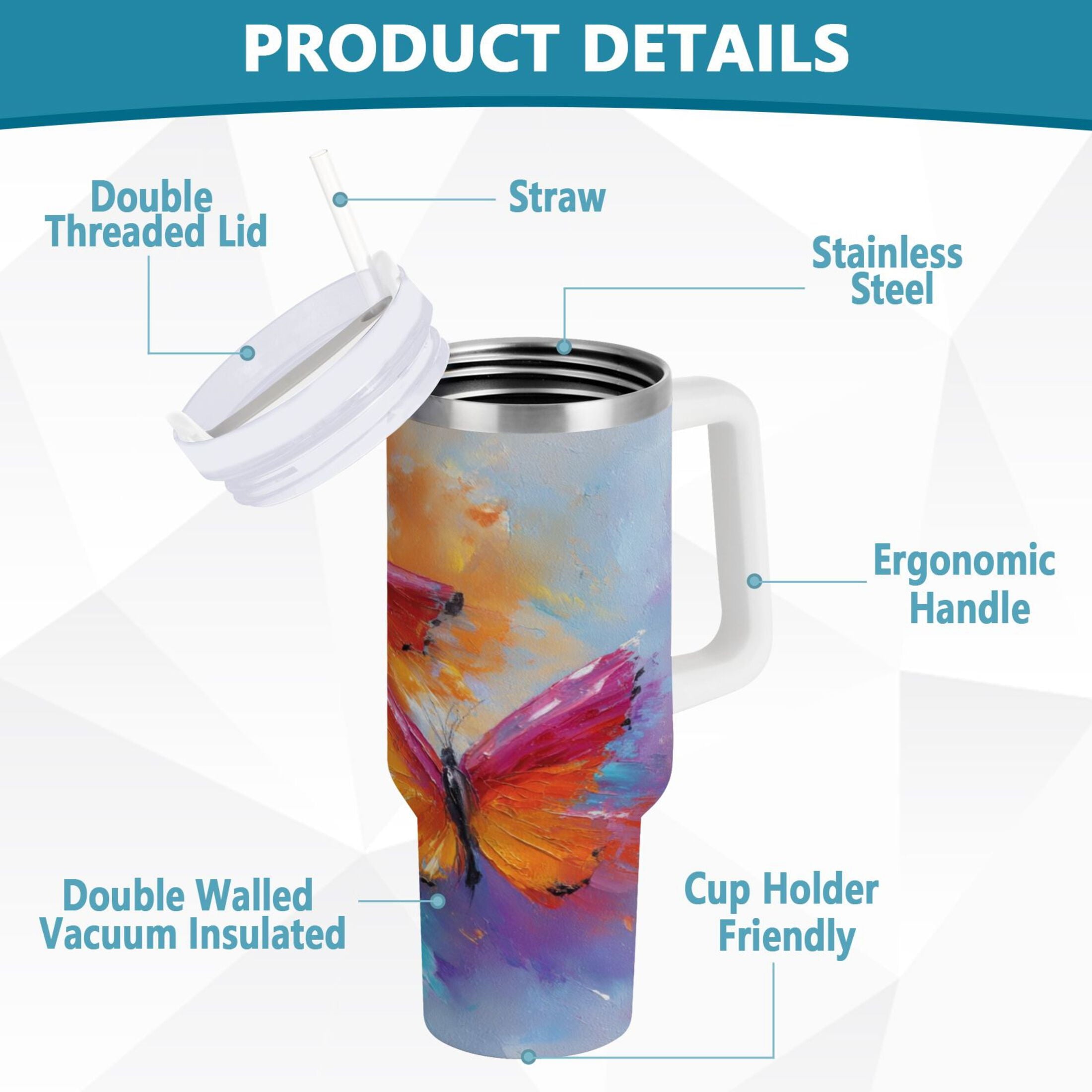 30 oz Insulated Stainless Steel Tumbler Double Wall Stainless Steel Tumbler with 2-Way Drinking Red and Orange Butterflies VE48