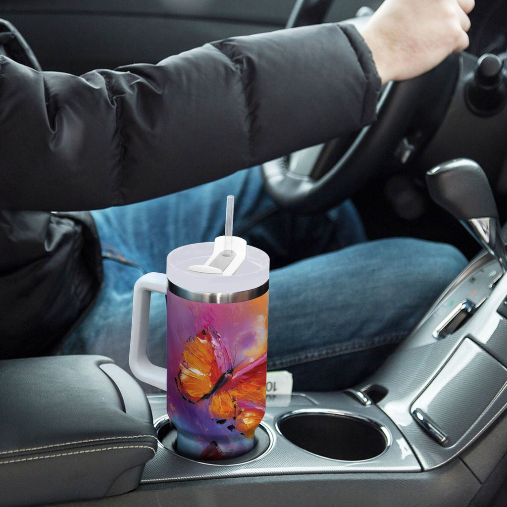 30 oz Insulated Stainless Steel Tumbler Double Wall Stainless Steel Tumbler with 2-Way Drinking Red and Orange Butterflies VE48