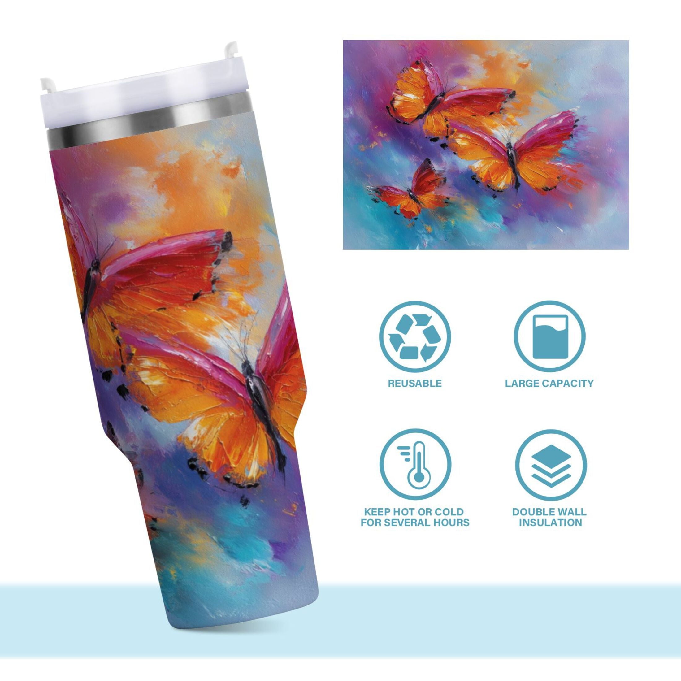 30 oz Insulated Stainless Steel Tumbler Double Wall Stainless Steel Tumbler with 2-Way Drinking Red and Orange Butterflies VE48