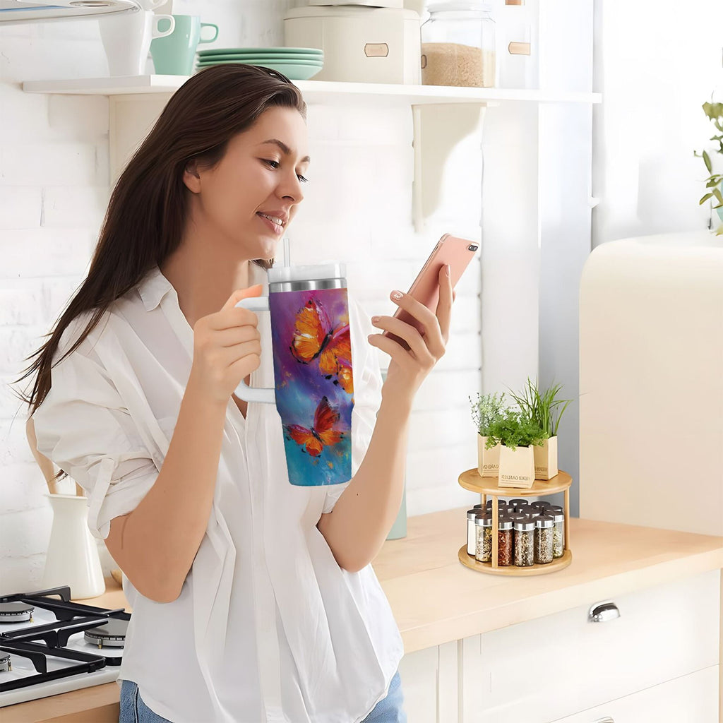 30 oz Insulated Stainless Steel Tumbler Double Wall Stainless Steel Tumbler with 2-Way Drinking Red and Orange Butterflies VE48