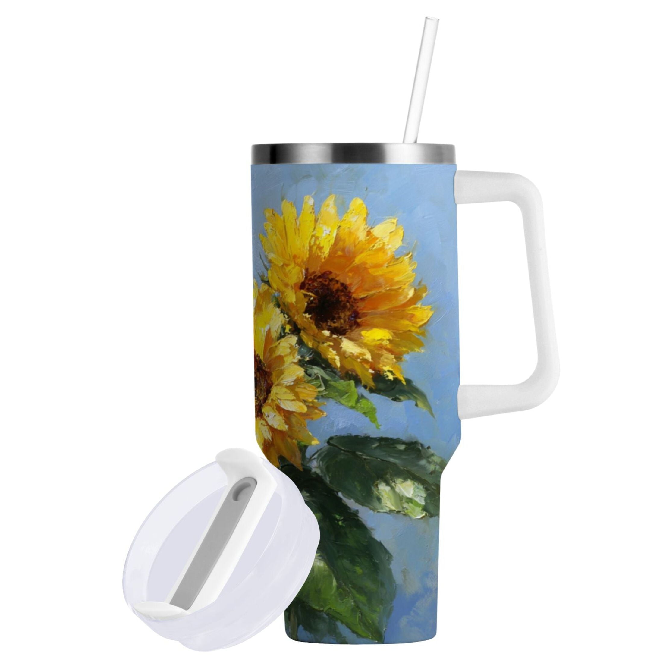 40 oz Insulated Stainless Steel Tumbler Double Wall Stainless Steel Tumbler with 2-Way Drinking Sunflowers Painting 792M