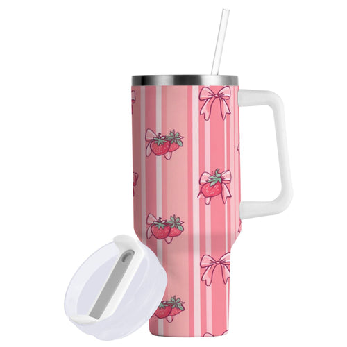30 oz Insulated Stainless Steel Tumbler Double Wall Stainless Steel Tumbler with 2-Way Drinking Pink Bows and Strawberries KRQA