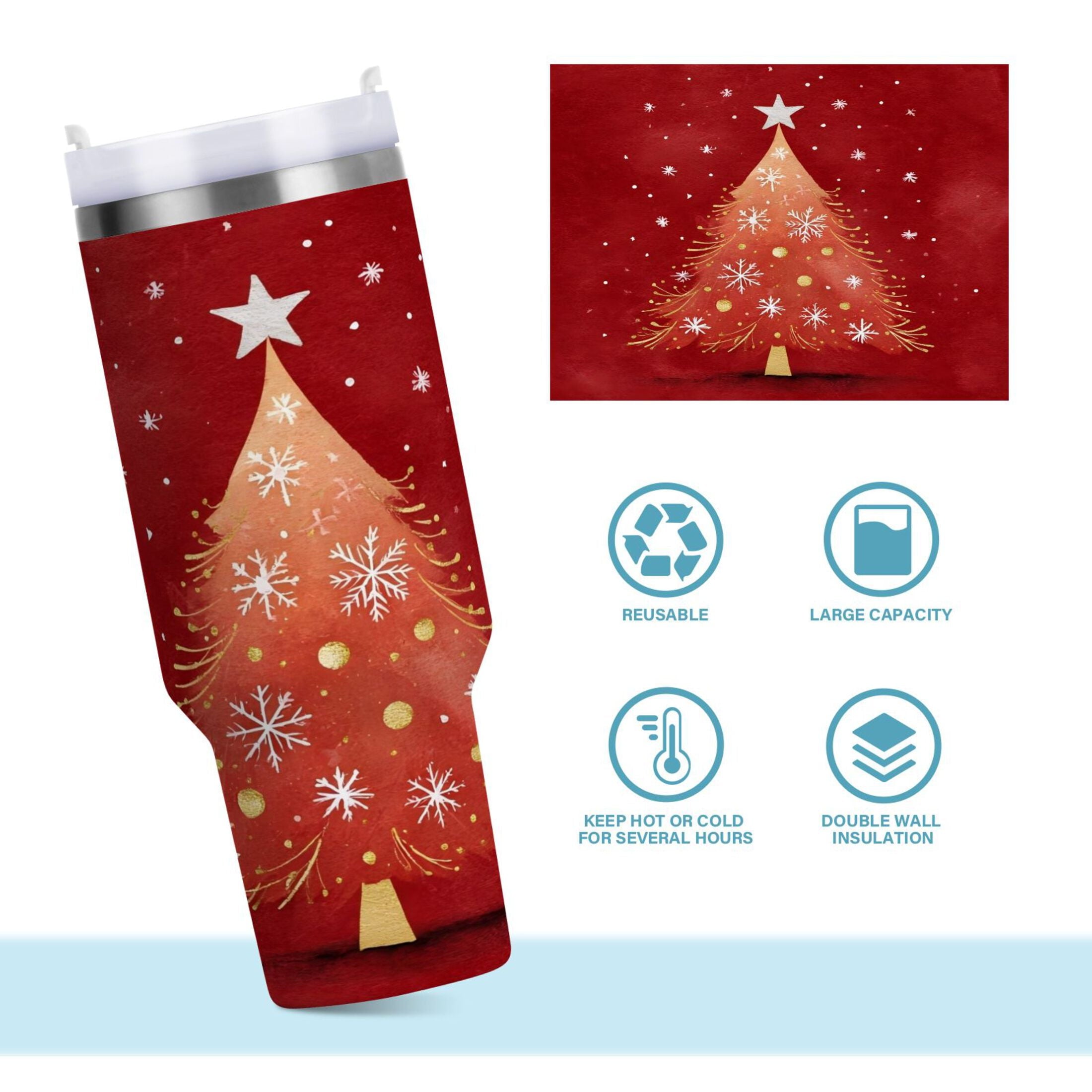 40 oz Insulated Stainless Steel Tumbler Double Wall Stainless Steel Tumbler with 2-Way Drinking Red Christmas Tree F7JE
